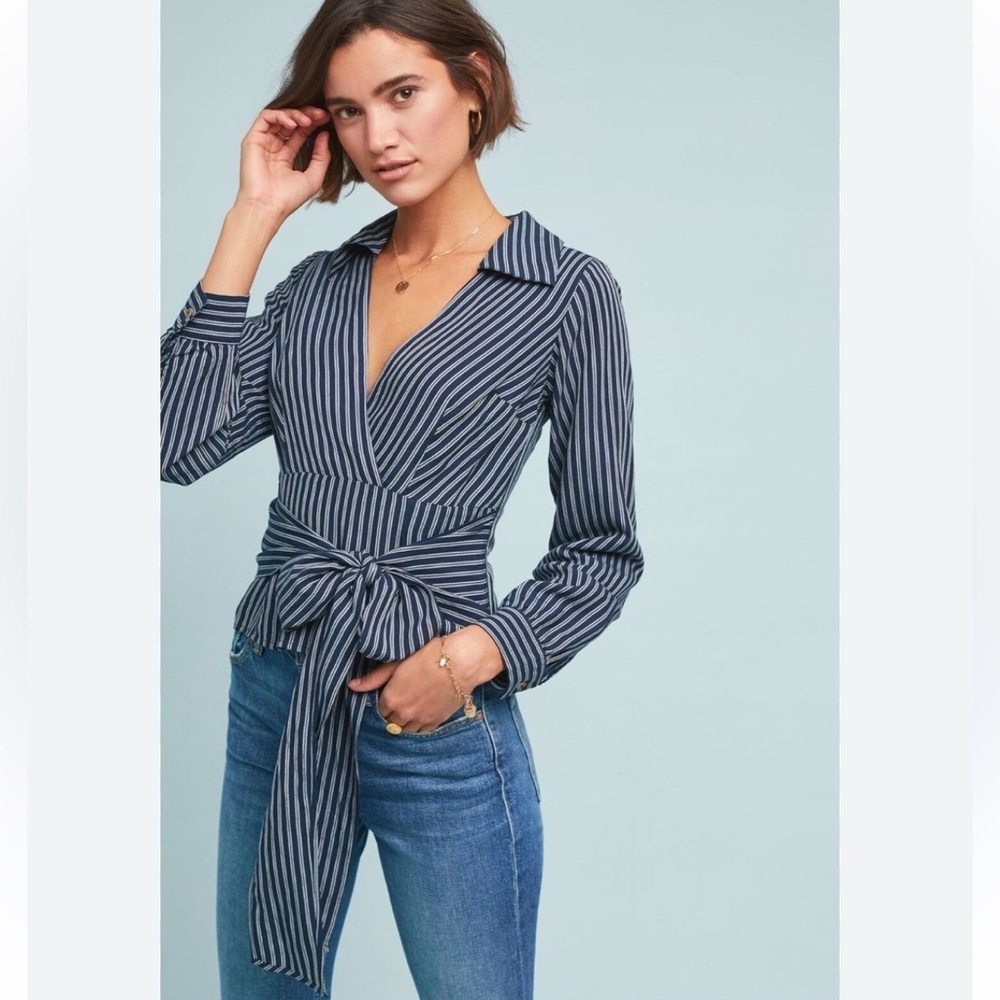 Maeve by Anthropologie Pinstripe Tie-Front Linen-Blend Top Capsule | Size 2